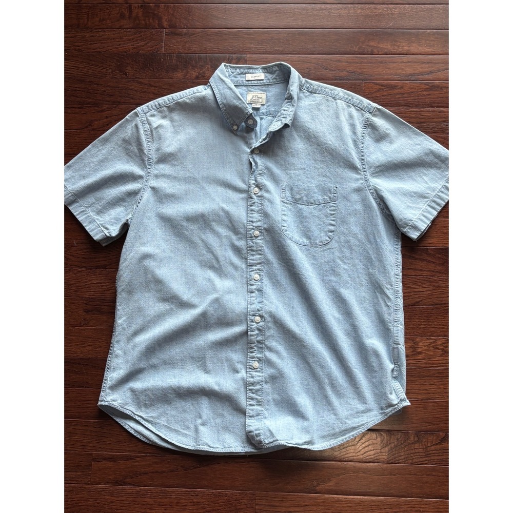 J.Crew Mens Large Classic Fit Indigo Organic Chambray Short Sleeve Shirt BE164